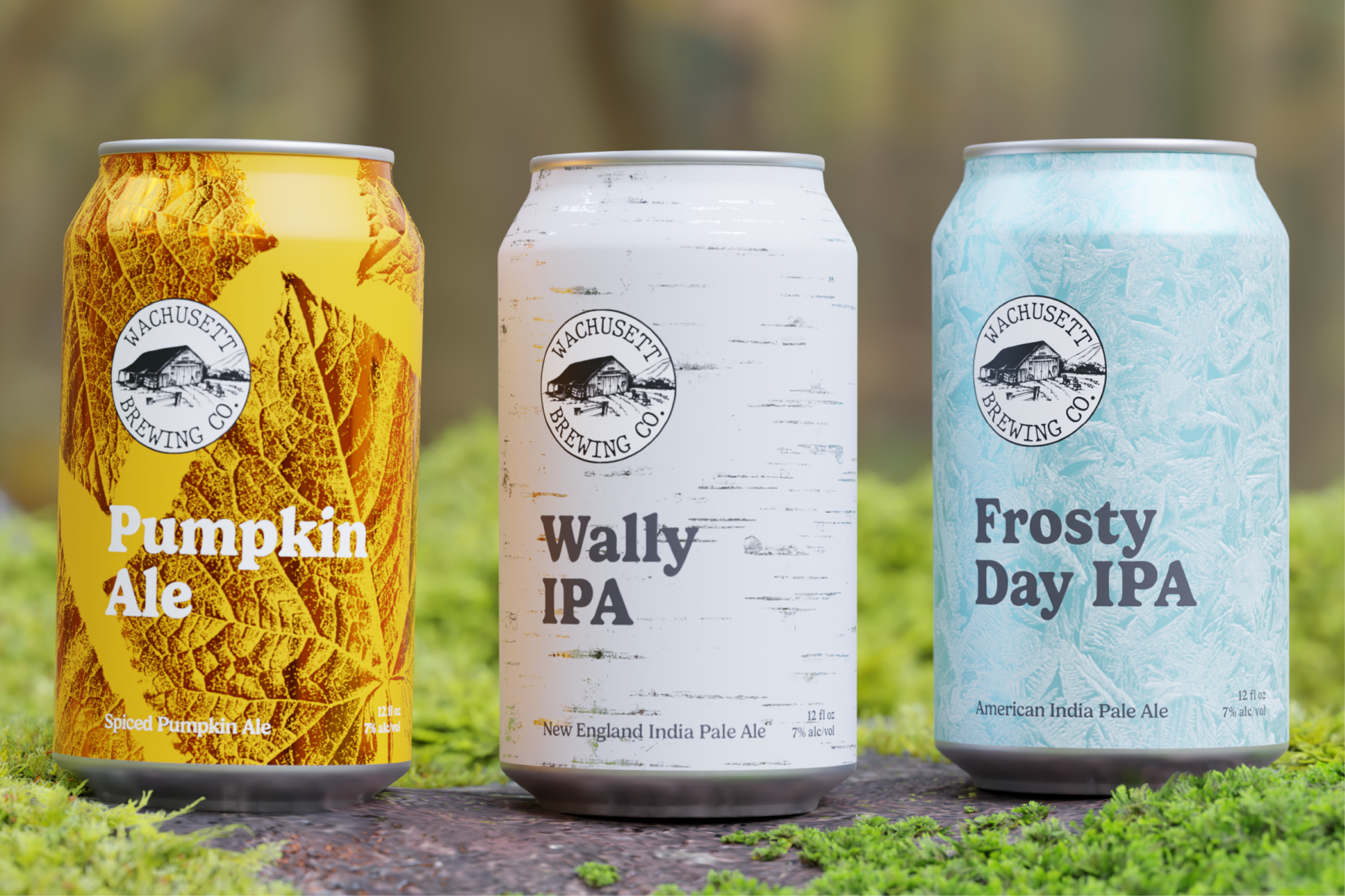 Pumpkin Ale, Wally IPA, Frosty Day IPA. On nature background