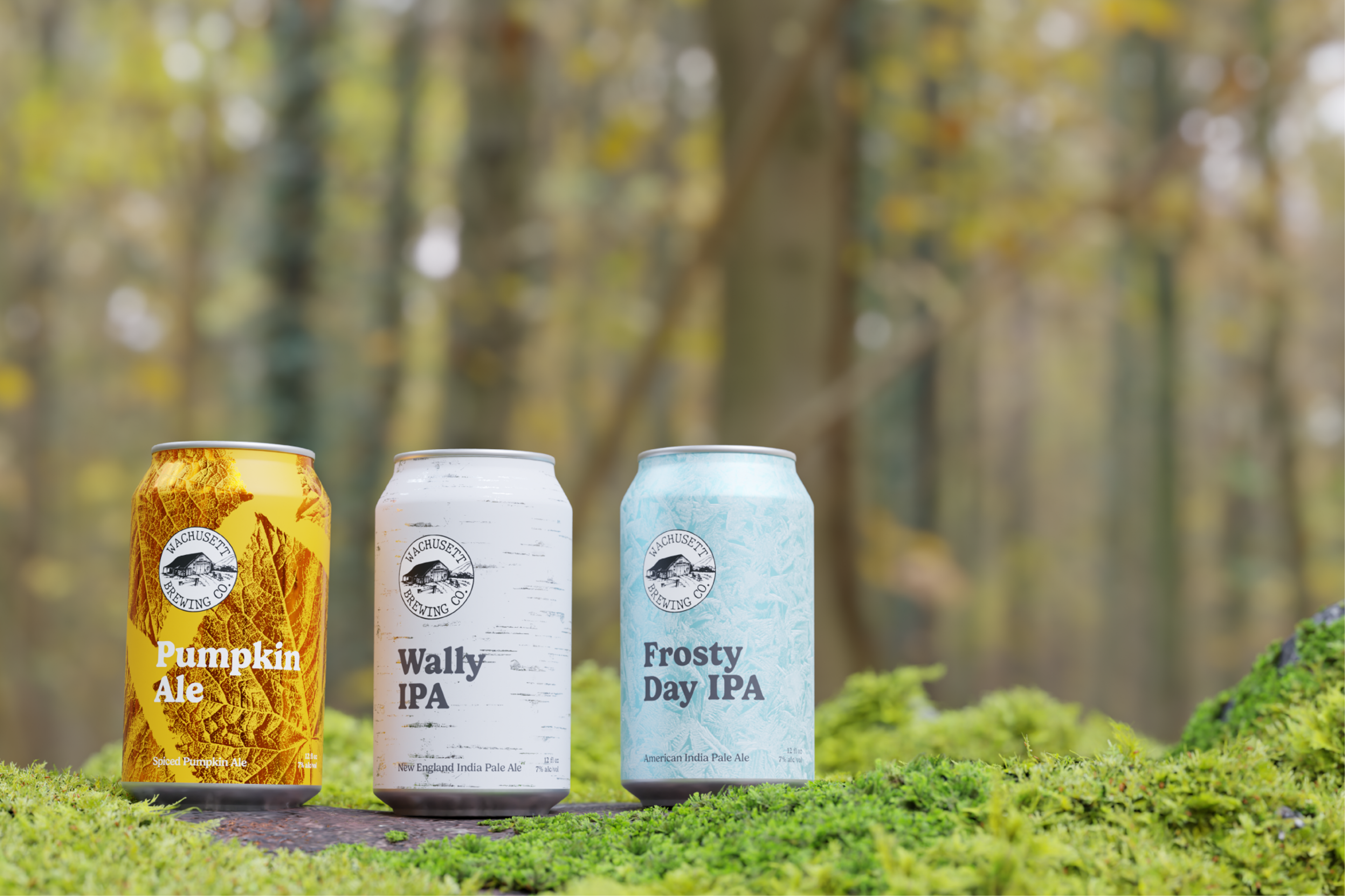 3 beer can rendered designs on a nature background